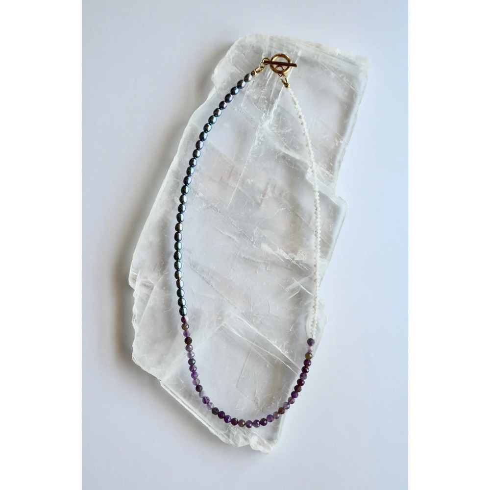 Irisenne - Rainbow Moonstone, Amethyst & Pearl Necklace - 22in